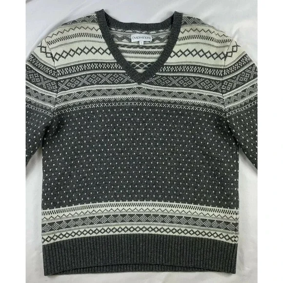 Ovadia Sons Gray Fair Isle Mens V Neck Wool Sweater Size L NWOT